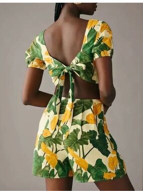 FARM Rio Cream Jumpsuit with Green and Yellow Leaf Print Cutout